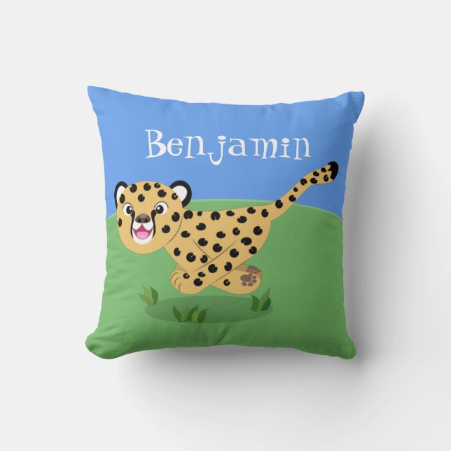Cute baby cheetah running cartoon illustration throw pillow (Front)