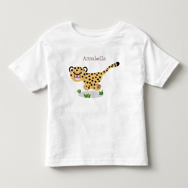 Cute baby cheetah running cartoon illustration toddler t-shirt (Front)