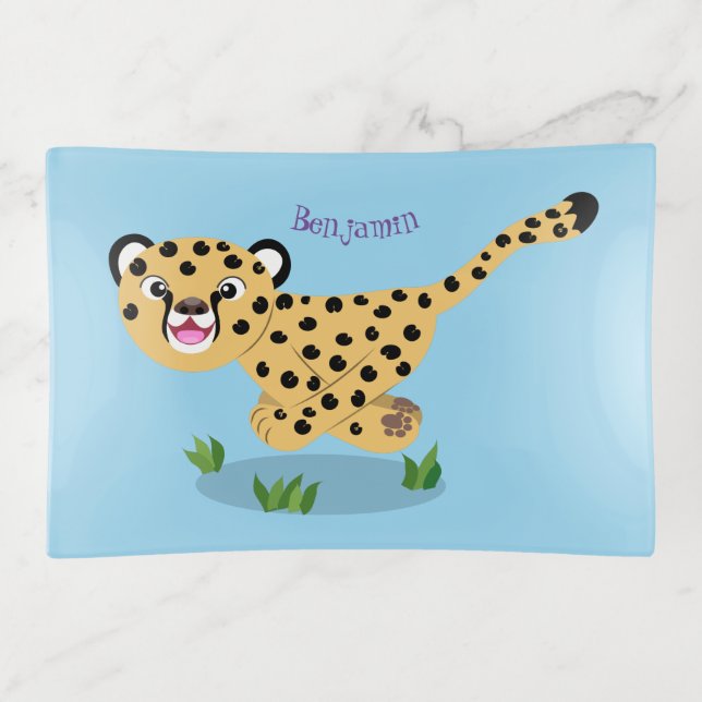 Cute baby cheetah running cartoon illustration trinket tray (Front)
