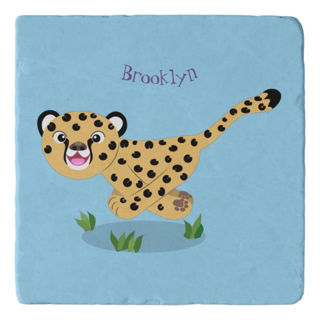 Cute baby cheetah running cartoon illustration trivet (Front)