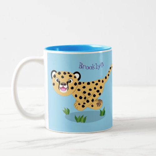 Cute baby cheetah running cartoon illustration Two_Tone coffee mug