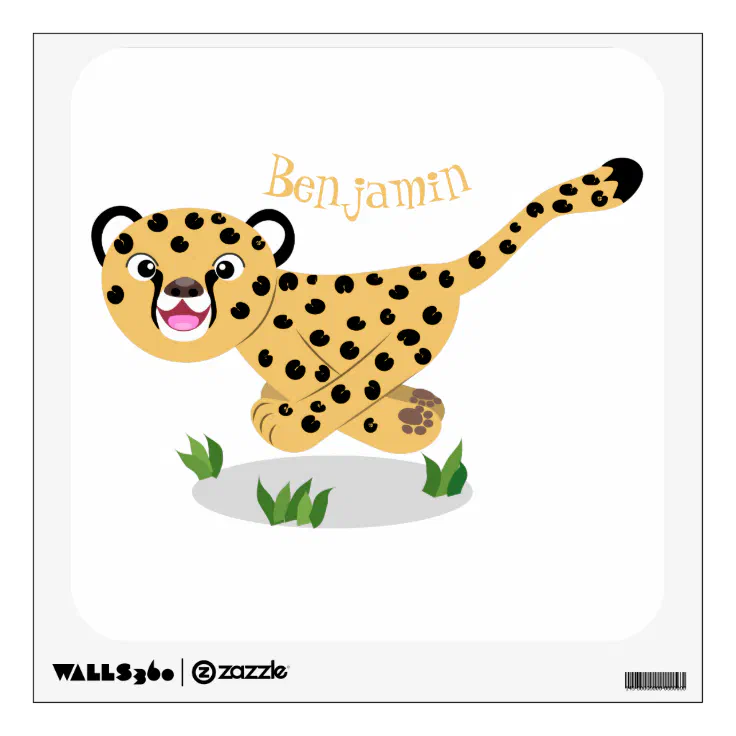 Cute baby cheetah running cartoon illustration wall decal | Zazzle