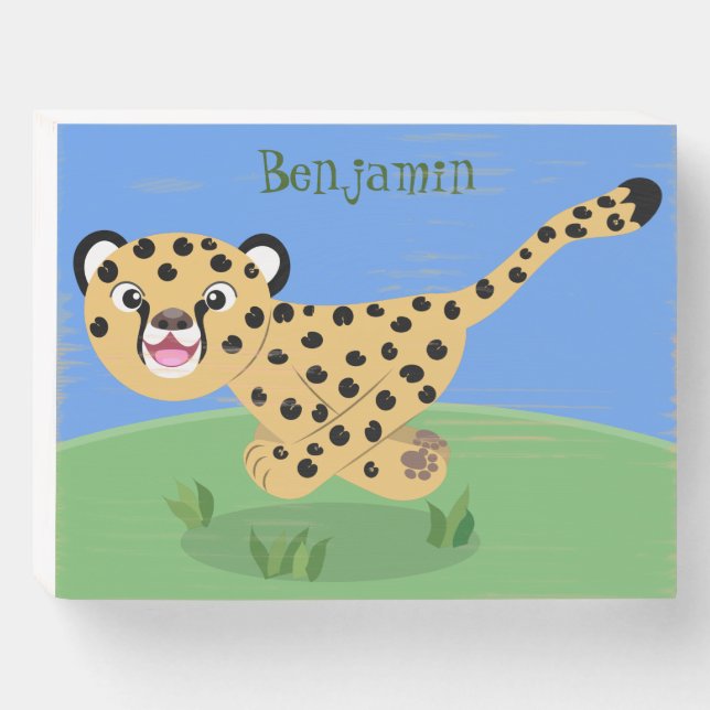 Cute baby cheetah running cartoon illustration wooden box sign (Front Horizontal)