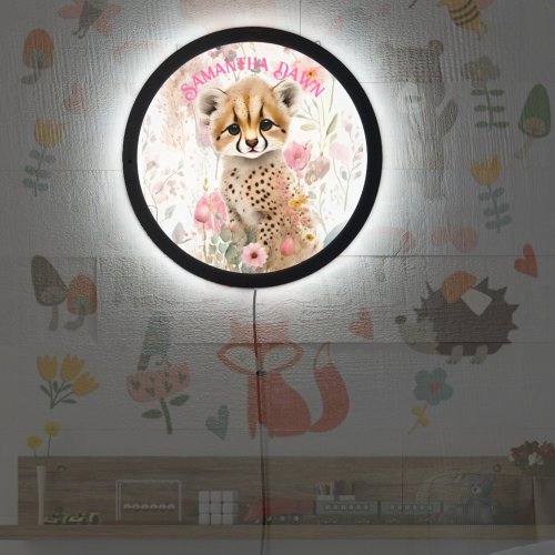 Cute Baby Cheetah with Spring Flowers Night_Light LED Sign