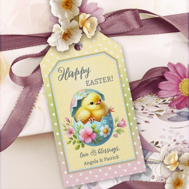 Cute Baby Chick Easter Gift Tag (A sweet Easter gift tag featuring a painting of a cute chick in an egg with spring flowers.)