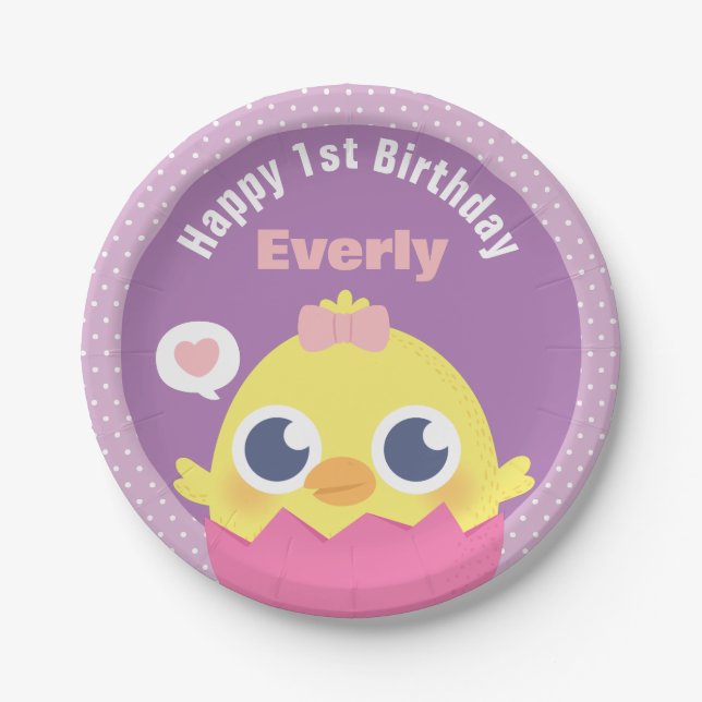 Cute Baby Chick Girl First Birthday Party Supplies Paper Plates (Front)