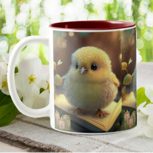 Cute baby chick on a book  Two-Tone coffee mug