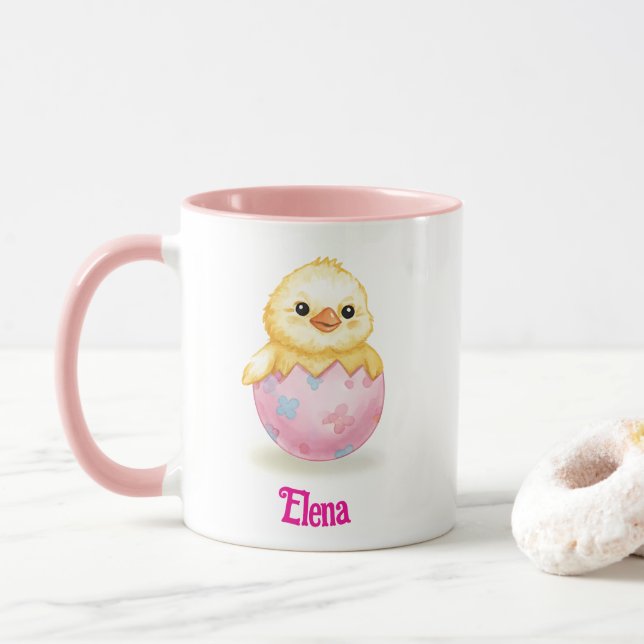Cute Baby Chick Watercolor Easter Personalize Name Mug (With Donut)