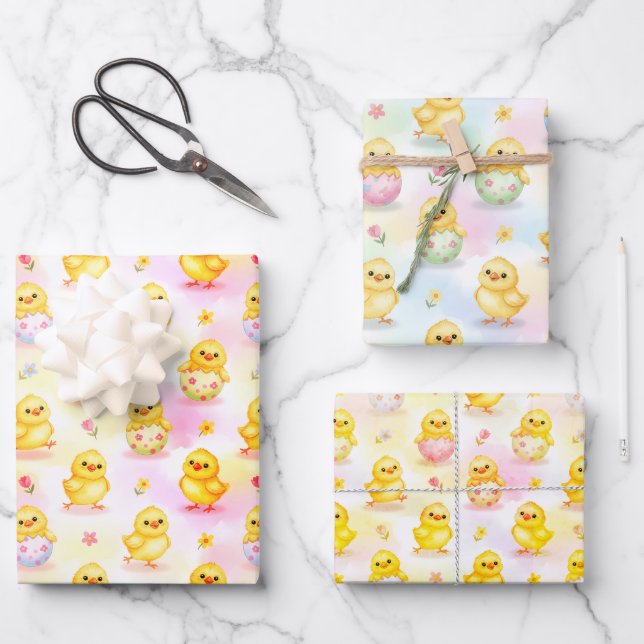 Cute Baby Chick Watercolor Easter Wrapping Paper Sheets (Front)