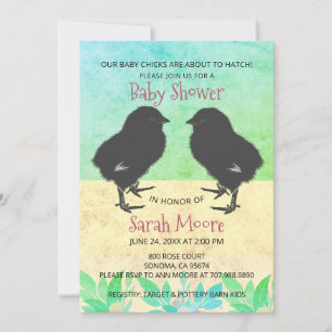 Cute Baby Chicks Green Twins Baby Shower Invitation