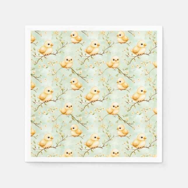 Cute Baby Chicks Mint Green Spring Floral Pattern Napkins (Front)