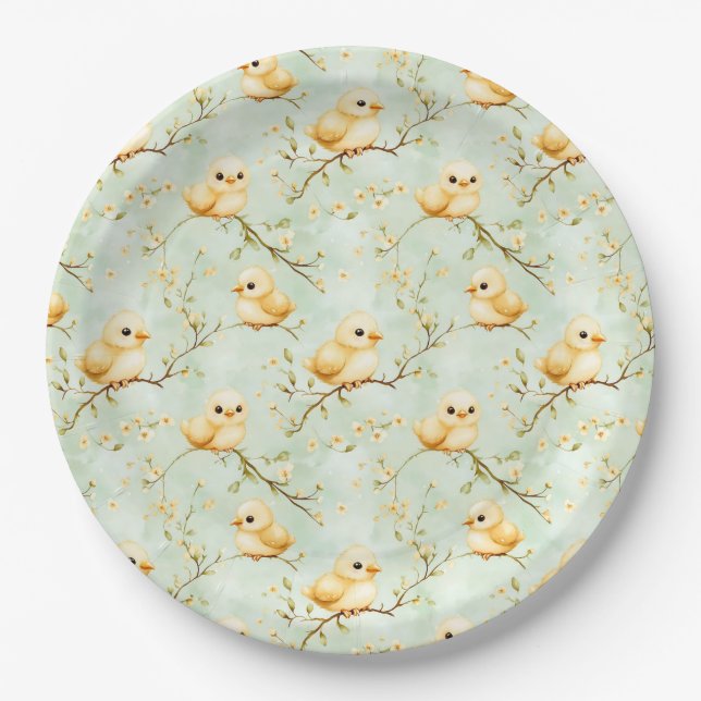 Cute Baby Chicks Mint Green Spring Floral Pattern Paper Plates (Front)