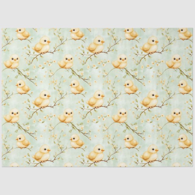 Cute Baby Chicks Mint Green Spring Floral Pattern Tissue Paper (Front)