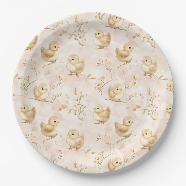 Cute Baby Chicks Pink Watercolor Pattern Paper Plates (Front)