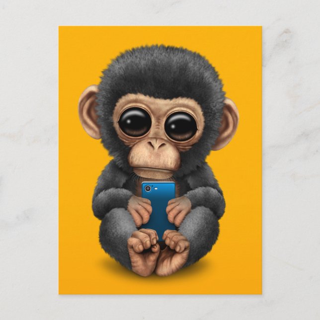 Cute Baby Chimpanzee Holding a Cell Phone Yellow Postcard (Front)