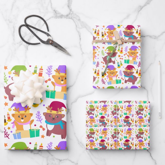 Cute Baby Christmas Animals Funny Cartoon Kids Wrapping Paper Sheets (Front)