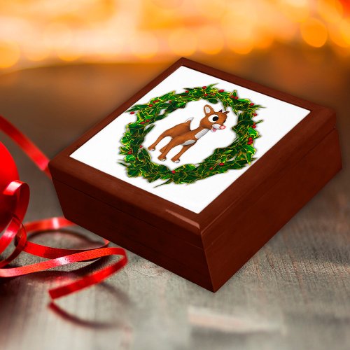 Cute Baby Christmas Deer in Holly Jewelry Box