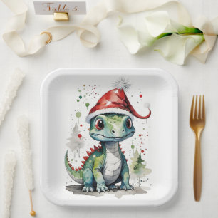 Cute Baby Christmas Dinosaur in a Santa Hat Paper Plates
