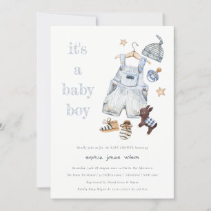 Cute Baby Clothes Blue It's a Boy Baby Shower Invitation