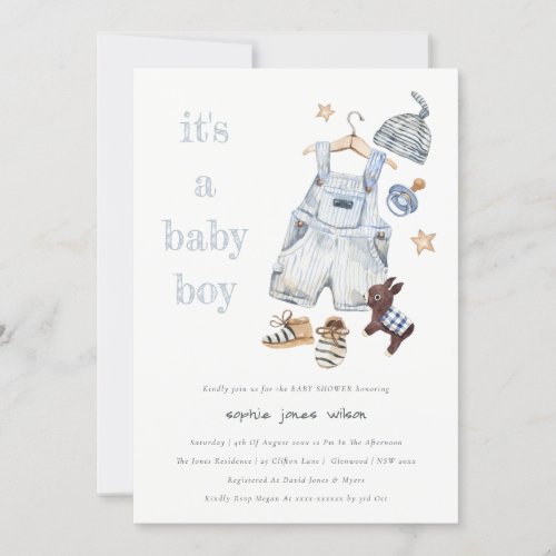 Cute Baby Clothes Blue Its a Boy Baby Shower Invitation