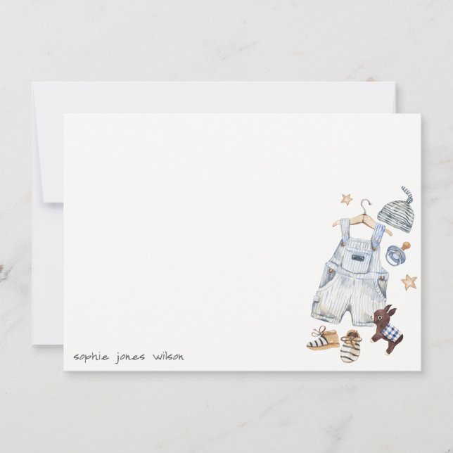 Cute Baby Clothes Essentials Blue Boy Baby Shower Note Card (Front)