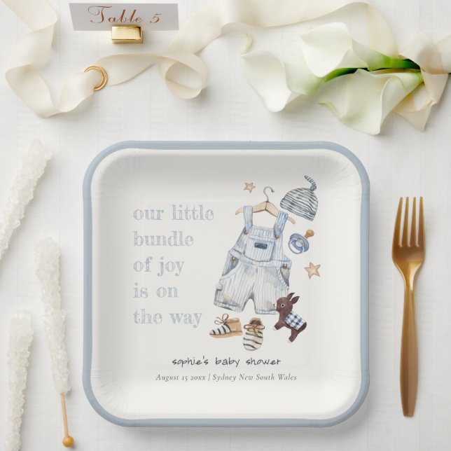 Cute Baby Clothes Essentials Blue Boy Baby Shower Paper Plates (Wedding)