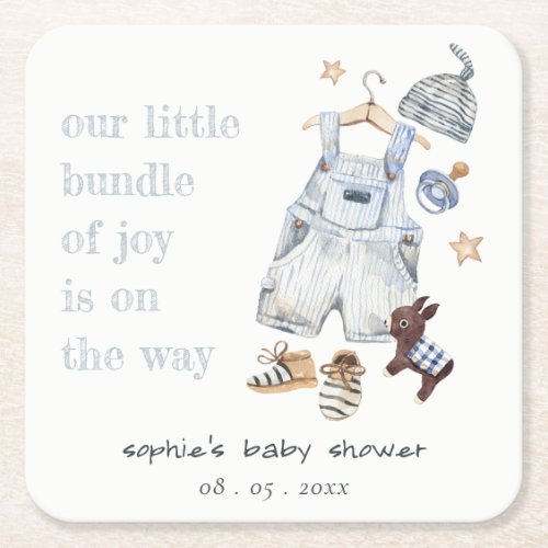Cute Baby Clothes Essentials Blue Boy Baby Shower Square Paper Coaster
