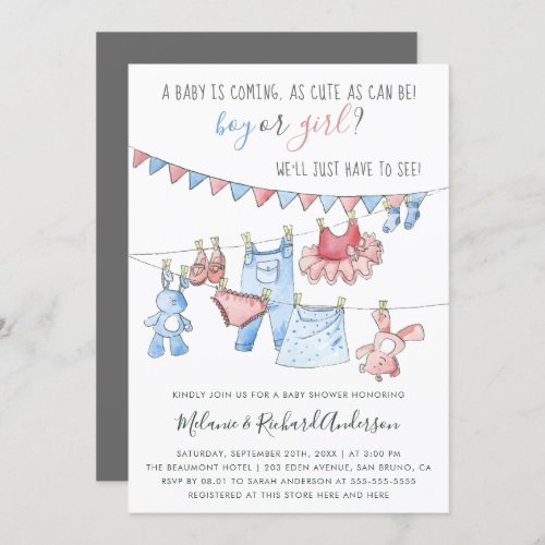 Cute Baby Clothes Gender Reveal Party Baby Shower Invitation - Create your own custom Cute Baby Clothes Gender Reveal Party Baby Shower Invitation Cards using these templates by Eugene Designs. These modern gender reveal baby shower invitations feature the poem "A baby is coming, as cute as can be! Boy or Girl? We'll just have to see!" in a modern script typography with "boy" in blue and "girl" in pink. There is a row of party bunting and two washing lines of baby clothes with socks, shoes, a pink tutu, blue overalls, a blue rabbit cuddly toy and a pink teddy bear. Underneath there is a simple baby shower invitation typography that is fully customizable. (1) Type in your name or names, date & time, venue & address, RSVP and registry or more info into the template boxes provided. (2) Choose from twelve unique paper types, two printing options and six shape options to design a card that's perfect for you.