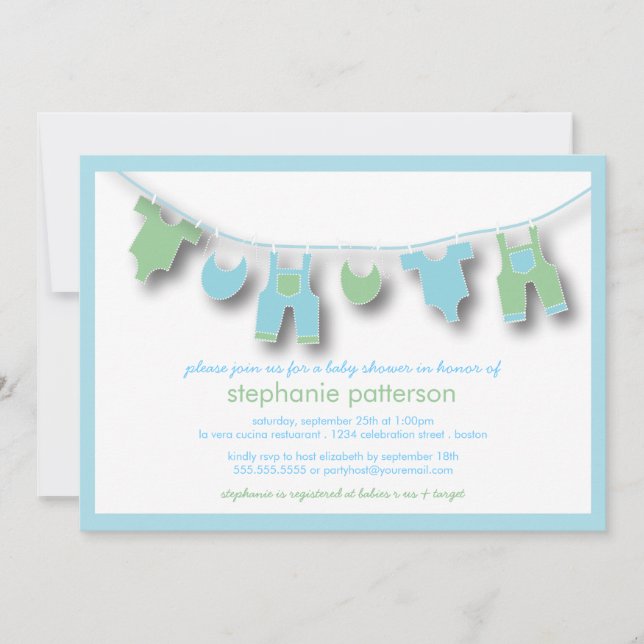 Cute Baby Clothes on the Line for Boy Baby Shower Invitation (Front)