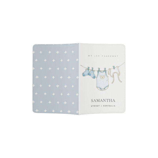 Cute Baby Clothesline Aqua Blue Boy My First Passport Holder (Opened)