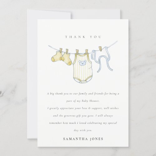 Cute Baby Clothesline Yellow Natural Baby Shower Thank You Card