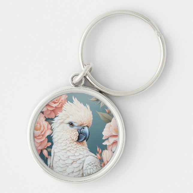 Cute Baby Cockatoo Parrot Soft Pink Flowers Keychain (Front)