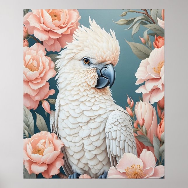 Cute Baby Cockatoo Parrot Soft Pink Flowers Poster (Front)