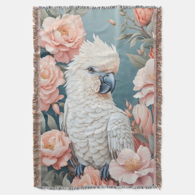 Cute Baby Cockatoo Parrot Soft Pink Flowers Throw Blanket (Front Vertical)