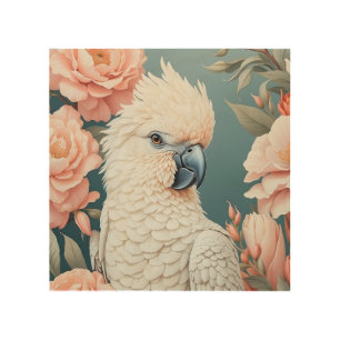 Cute Baby Cockatoo Parrot Soft Pink Flowers Wood Wall Art