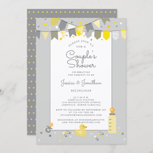 Cute Baby Couples Shower Gray Yellow Banner Modern Invitation