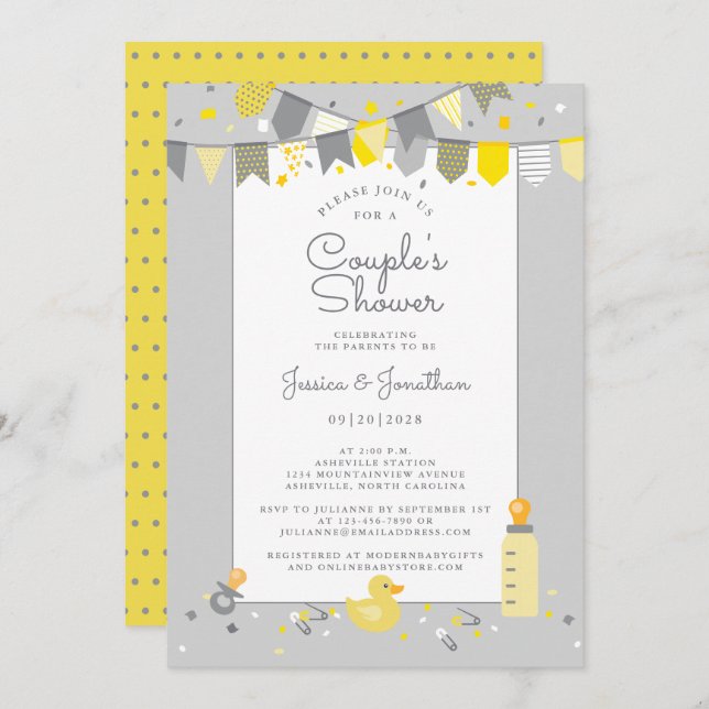 Cute Baby Couples Shower Yellow Gray Banner Modern Invitation (Front/Back)