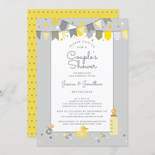 Cute Baby Couples Shower Yellow Gray Banner Modern Invitation