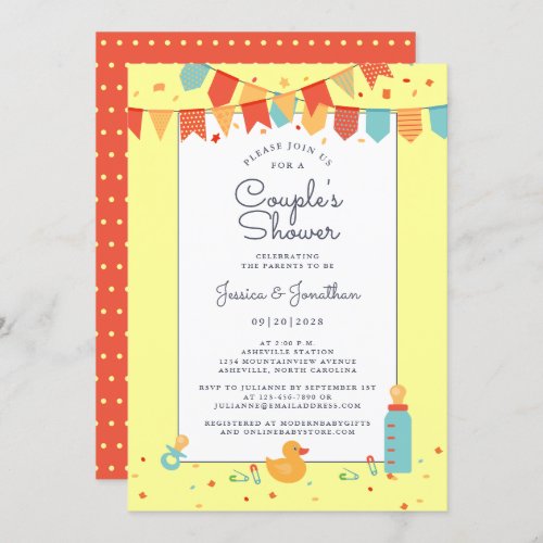 Cute Baby Couples Shower Yellow Red Teal Banner Invitation