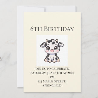 Cute Baby Cow 6th Birthday Invitation