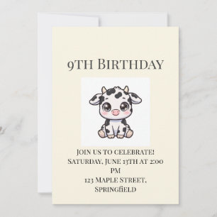 Cute Baby Cow 9th Birthday Invitation