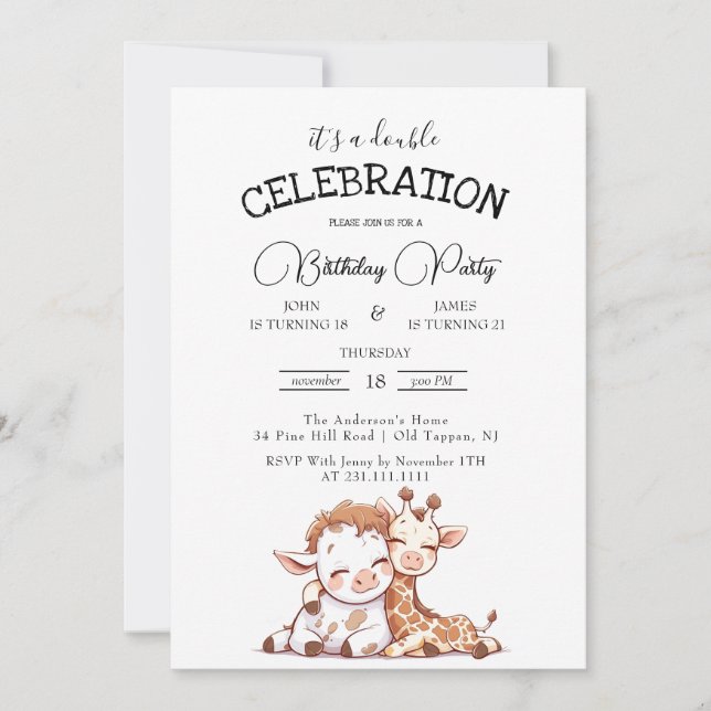 Cute Baby Cow and Giraffe Double Birthday Party  Invitation (Front)