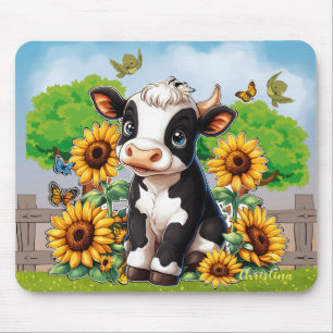 Cute Baby Cow and Sunflowers Custom Mousepad