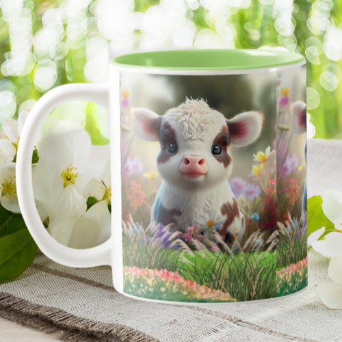 Cute Baby Cow Calf sitting in Flower Garden Farm  Two_Tone Coffee Mug