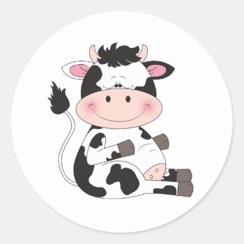 Cute Baby Cow Cartoon Classic Round Sticker by HeeHeeCreations at Zazzle