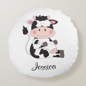 Cute Baby Cow Cartoon Round Pillow by HeeHeeCreations at Zazzle