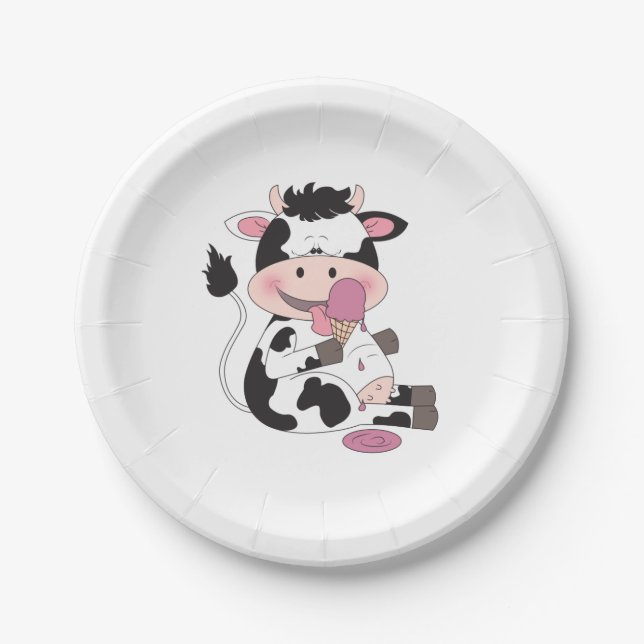 Cute Baby Cow Cartoon With His Favorite Treat Paper Plates (Front)