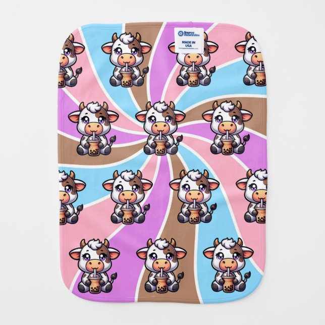 Cute Baby Cow Drinking Boba Kawaii Cartoon  Baby Burp Cloth (Back)