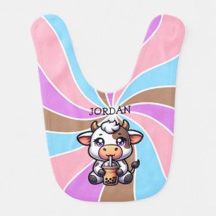  Cute Baby Cow Drinking Boba Kawaii Cartoon Bib