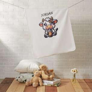 Cute Baby Cow Drinking Boba Kawaii Cartoon  Blanket